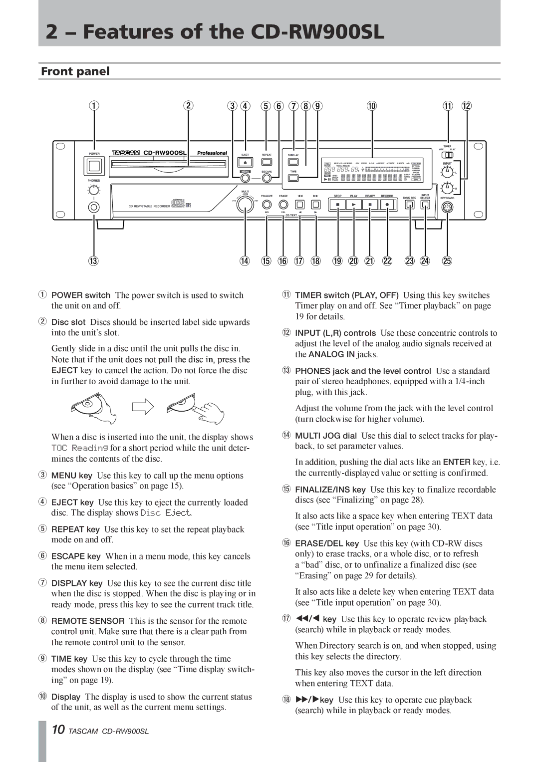 Tascam CD Rewritable Recorder owner manual Features of the CD-RW900SL, Front panel 