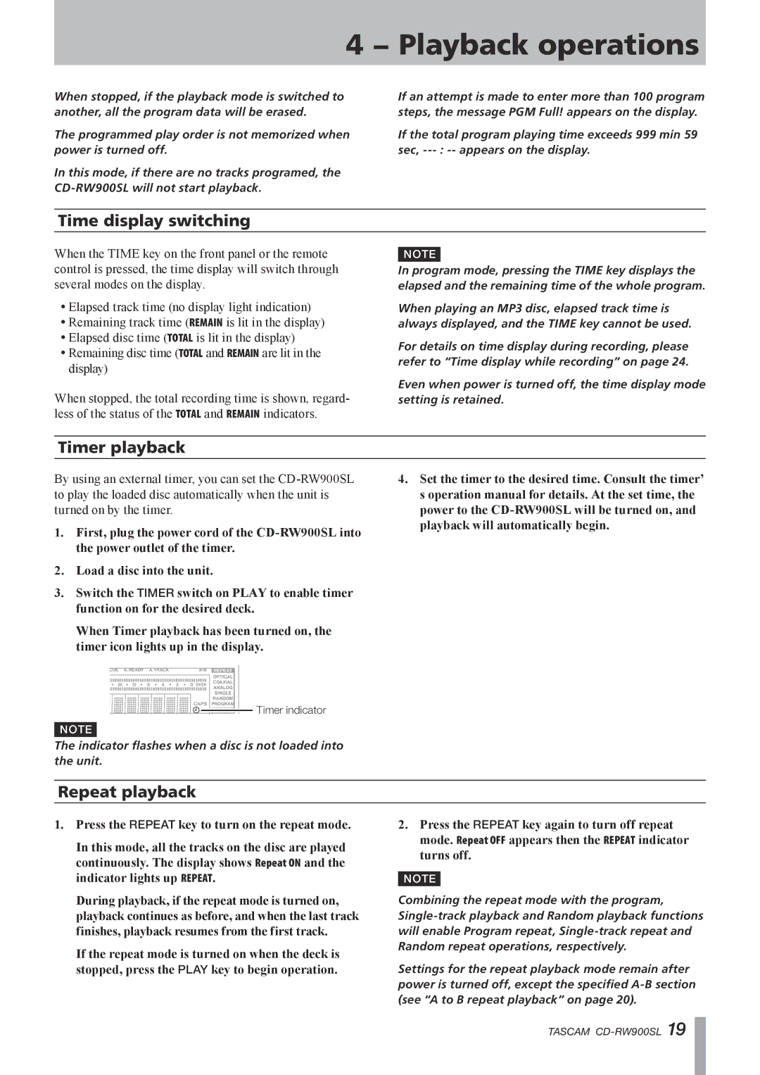 Tascam CD-RW900SL, CD Rewritable Recorder owner manual Time display switching, Timer playback, Repeat playback 