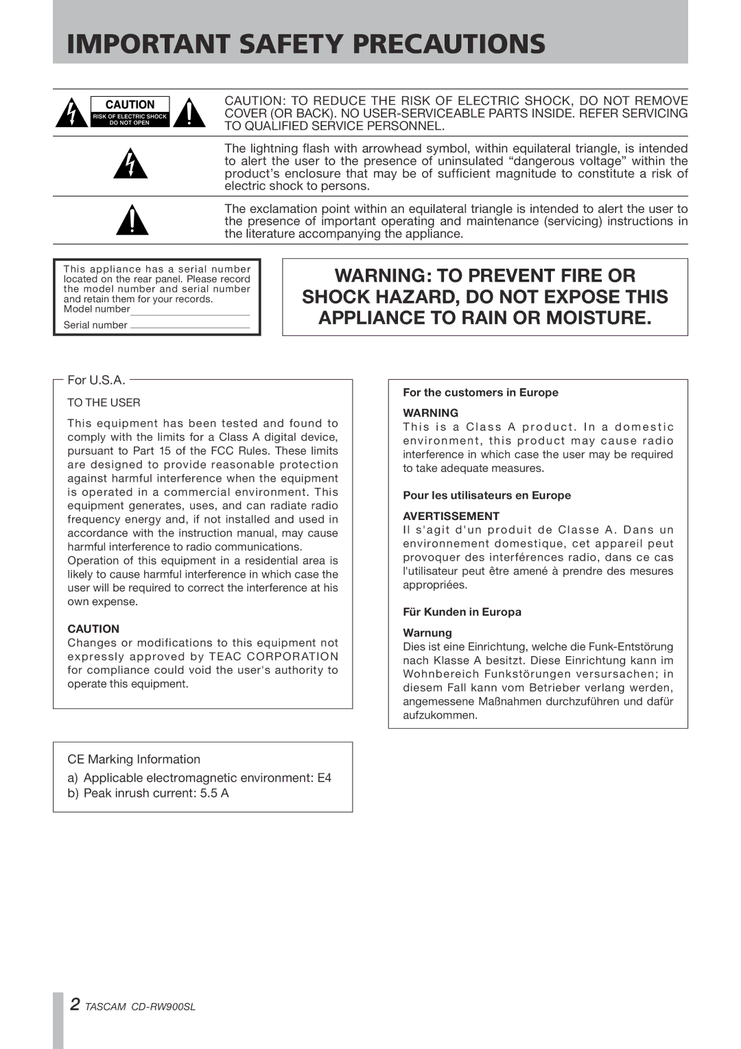 Tascam CD Rewritable Recorder, CD-RW900SL owner manual Important Safety Precautions 