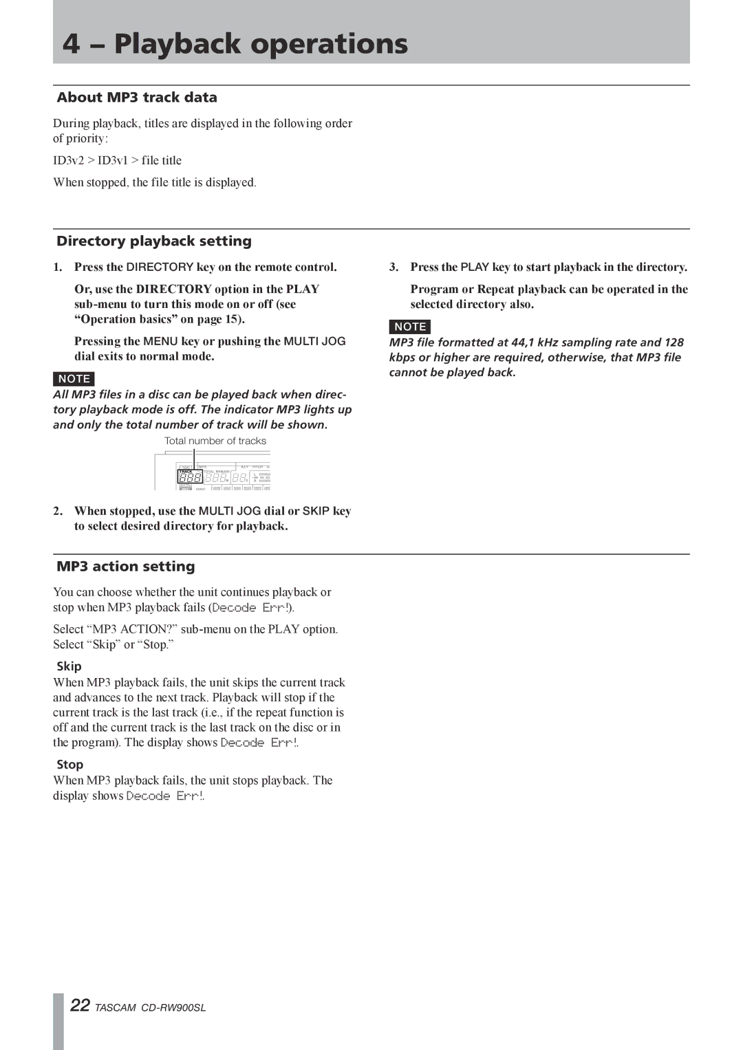 Tascam CD Rewritable Recorder, CD-RW900SL About MP3 track data, Directory playback setting, MP3 action setting, Skip, Stop 