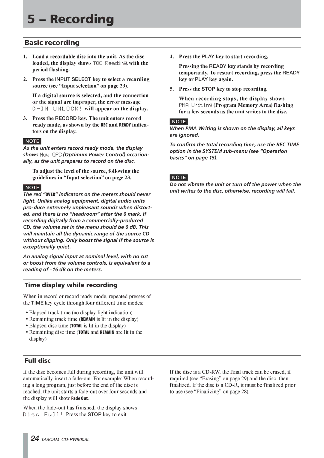 Tascam CD Rewritable Recorder, CD-RW900SL owner manual Basic recording, Time display while recording, Full disc 