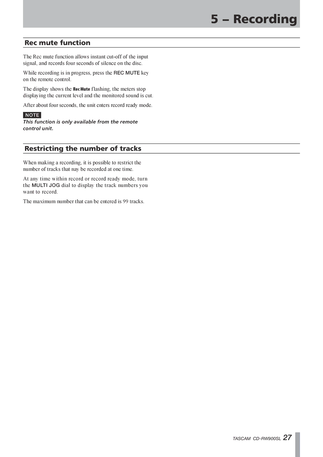 Tascam CD-RW900SL, CD Rewritable Recorder owner manual Rec mute function, Restricting the number of tracks 