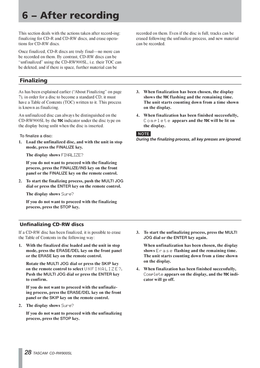 Tascam CD Rewritable Recorder, CD-RW900SL owner manual After recording, Finalizing, Unfinalizing CD-RW discs 