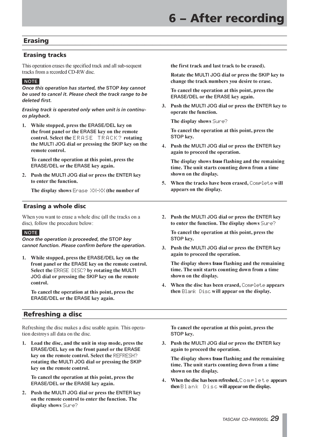 Tascam CD-RW900SL, CD Rewritable Recorder owner manual Refreshing a disc, Erasing tracks, Erasing a whole disc 