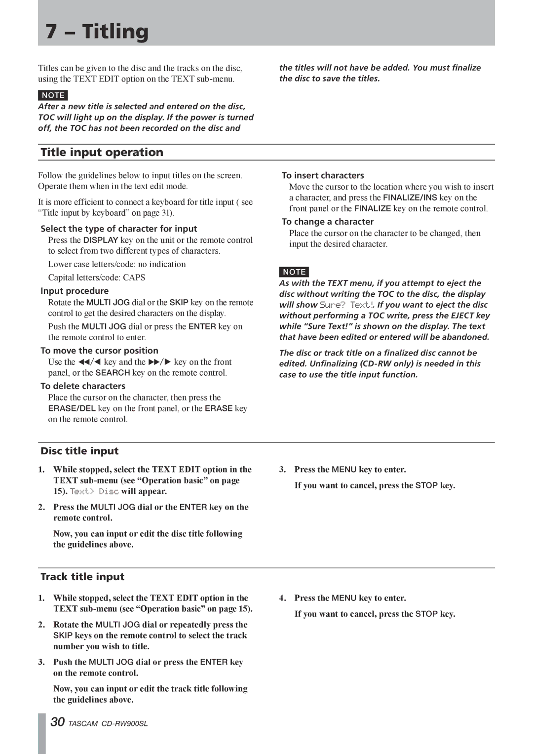 Tascam CD Rewritable Recorder, CD-RW900SL owner manual Titling, Title input operation, Disc title input, Track title input 