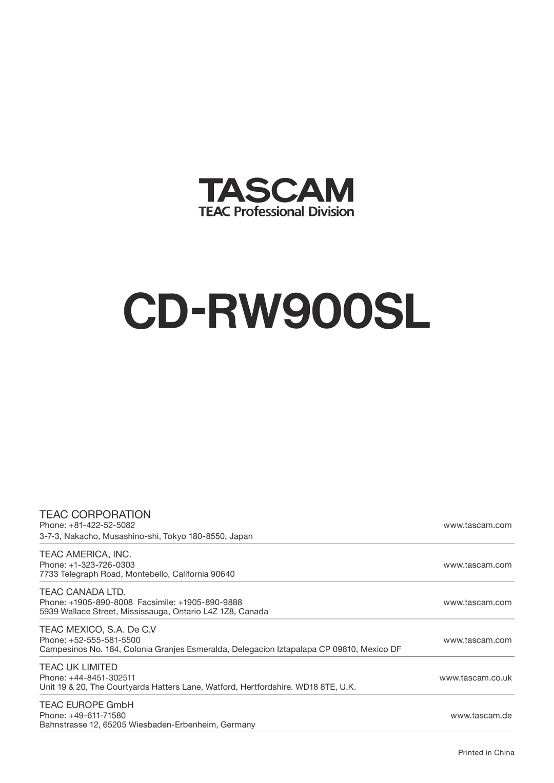 Tascam CD Rewritable Recorder owner manual CD-RW900SL 