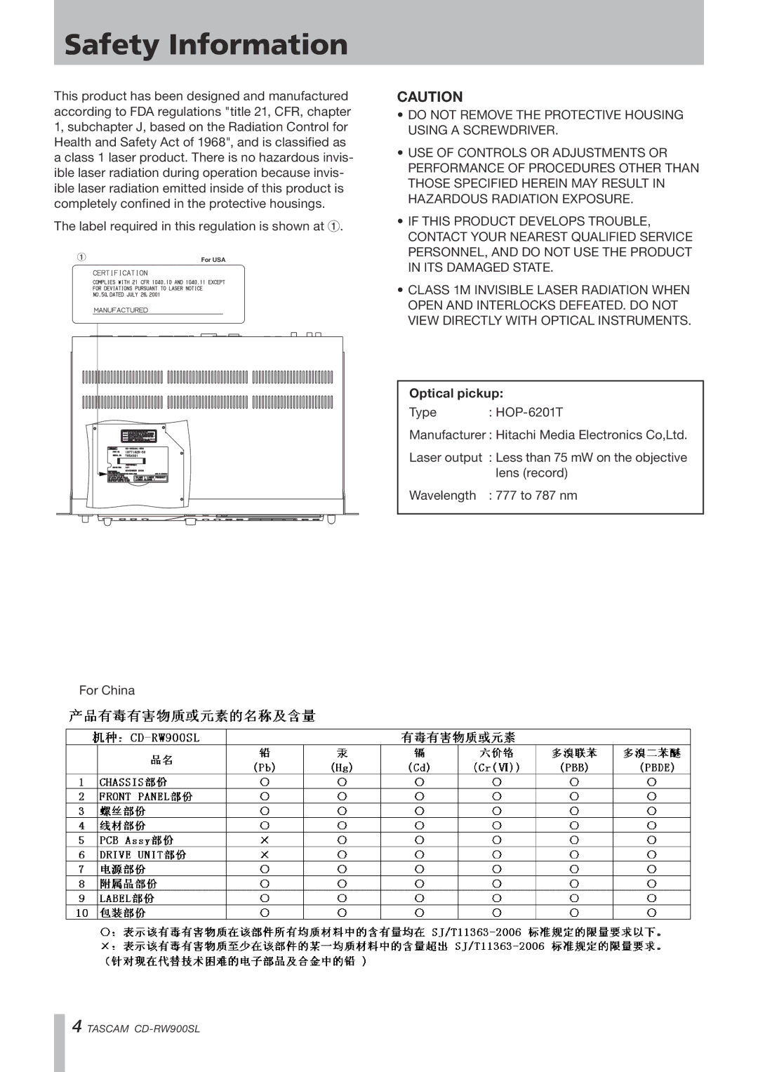 Tascam CD Rewritable Recorder, CD-RW900SL owner manual Safety Information, Optical pickup 