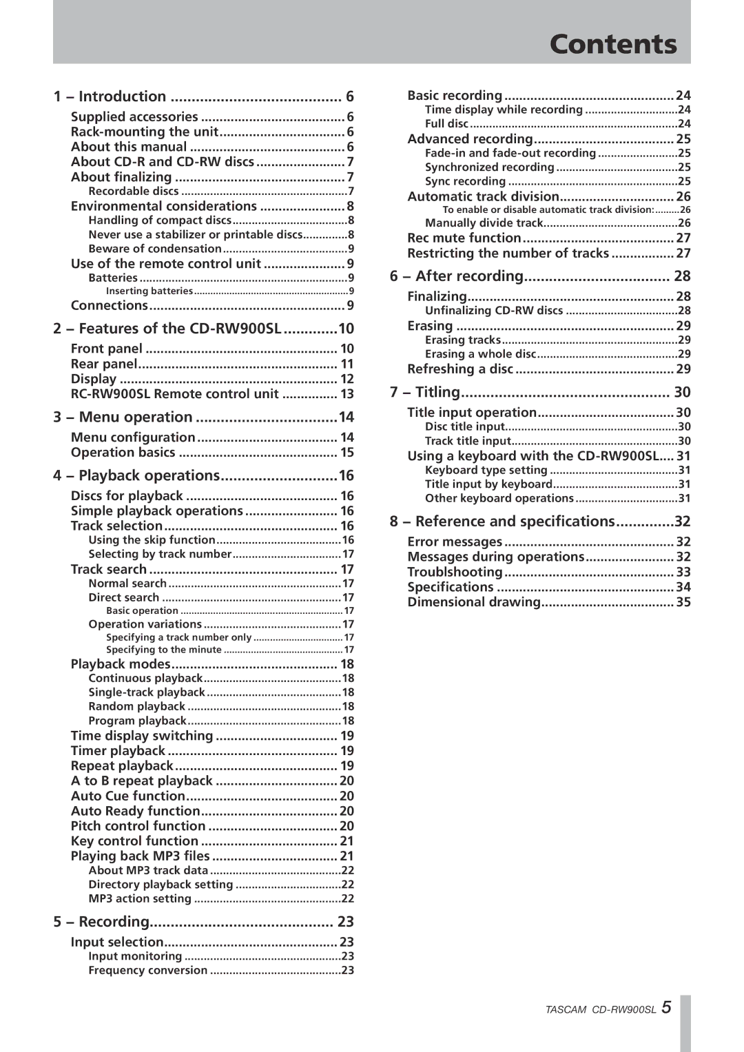 Tascam CD-RW900SL, CD Rewritable Recorder owner manual Contents 