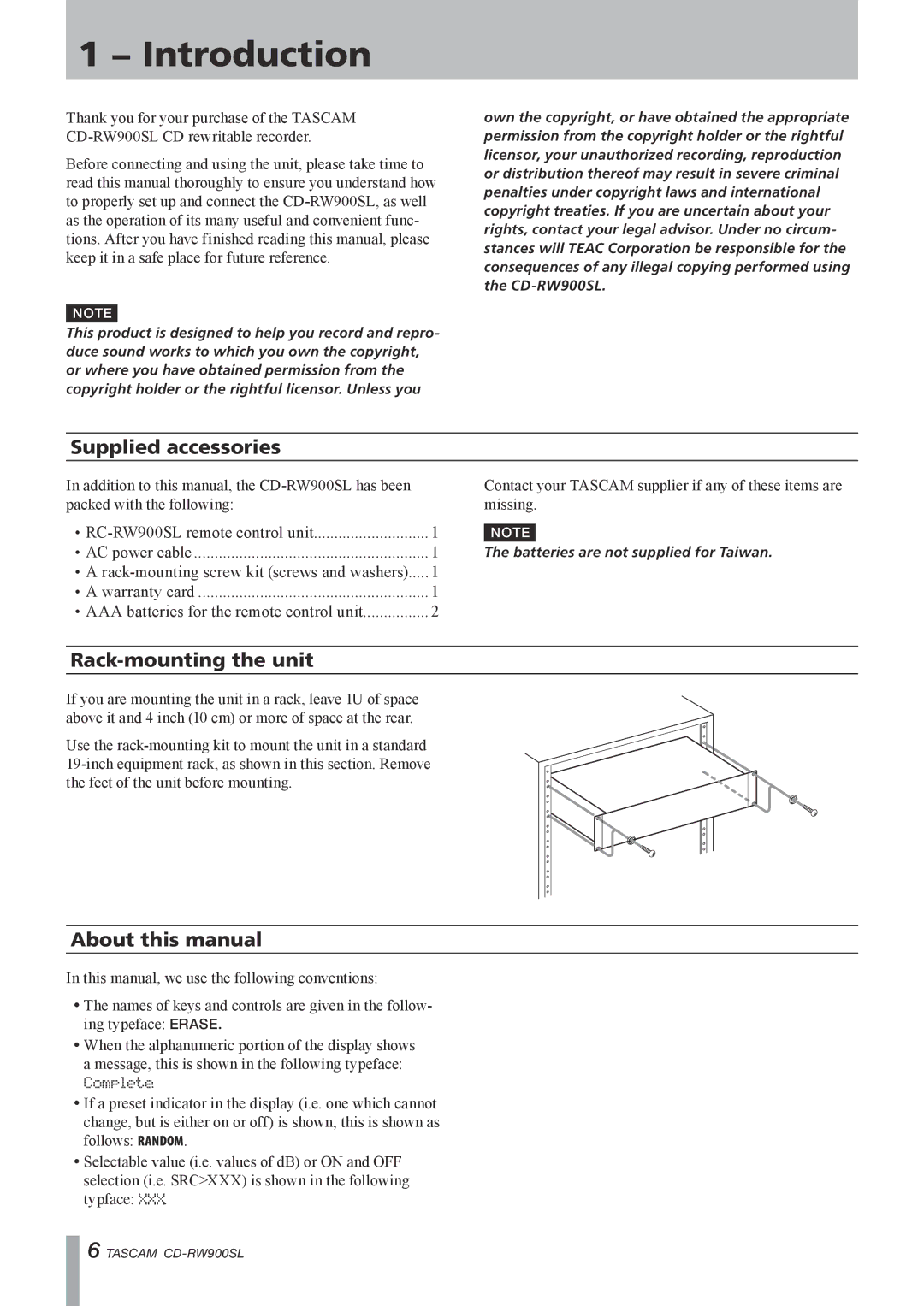 Tascam CD Rewritable Recorder, CD-RW900SL Introduction, Supplied accessories, Rack-mounting the unit, About this manual 