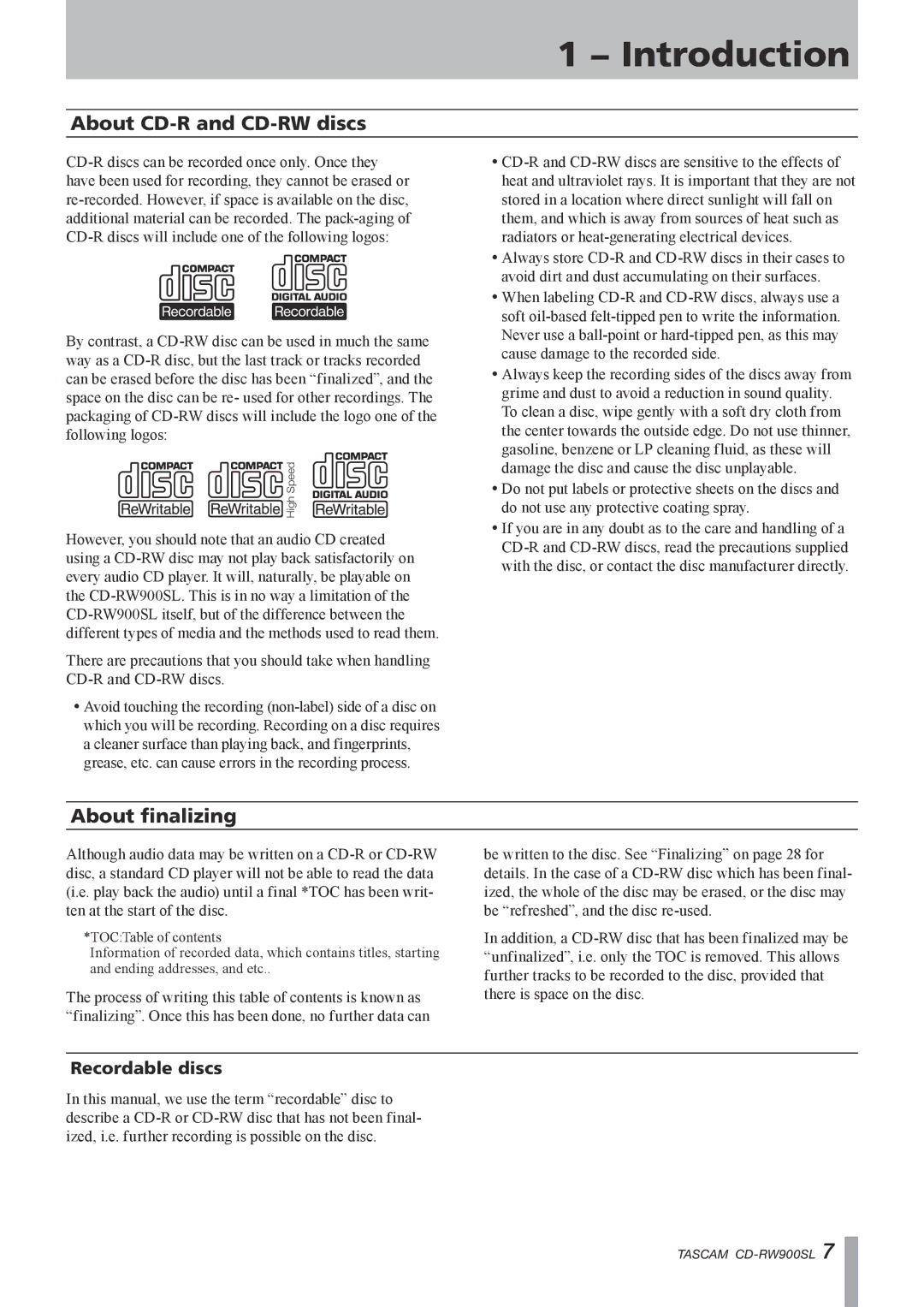 Tascam CD-RW900SL, CD Rewritable Recorder owner manual About CD-R and CD-RW discs, About finalizing, Recordable discs 