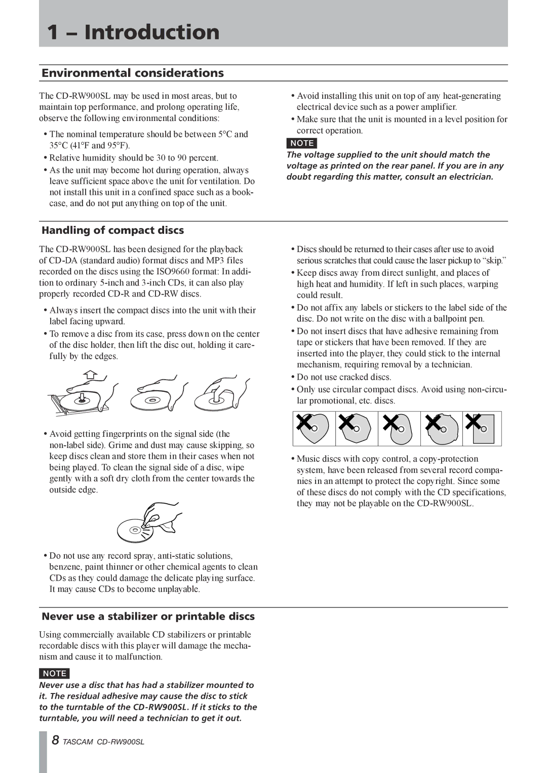 Tascam CD Rewritable Recorder, CD-RW900SL owner manual Environmental considerations, Handling of compact discs 