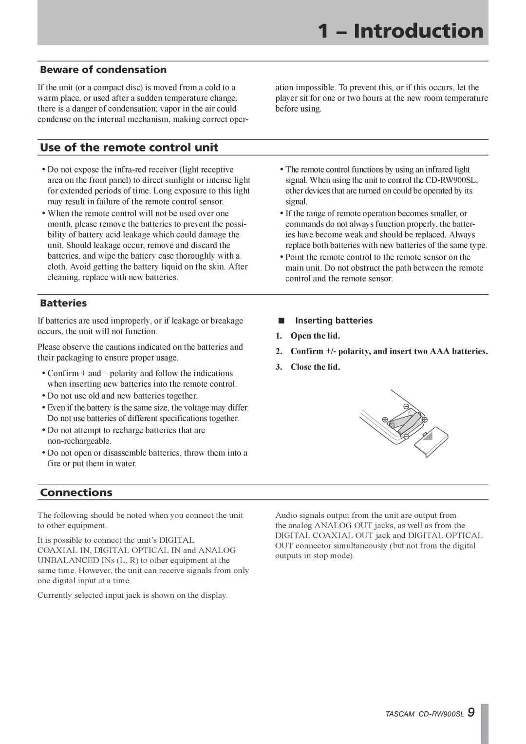 Tascam CD-RW900SL owner manual Use of the remote control unit, Beware of condensation, Batteries, Inserting batteries 