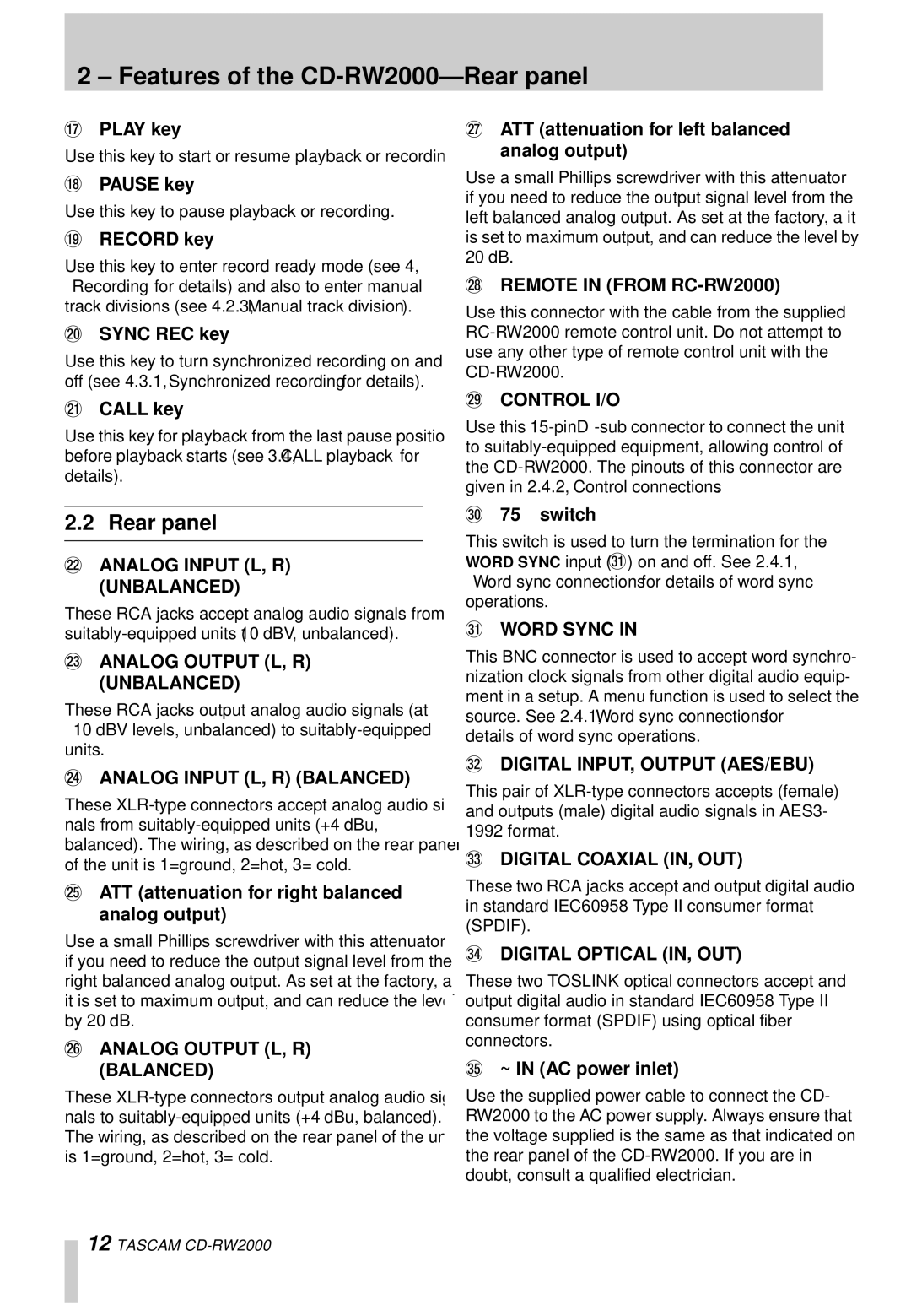 Tascam owner manual Features of the CD-RW2000-Rear panel 