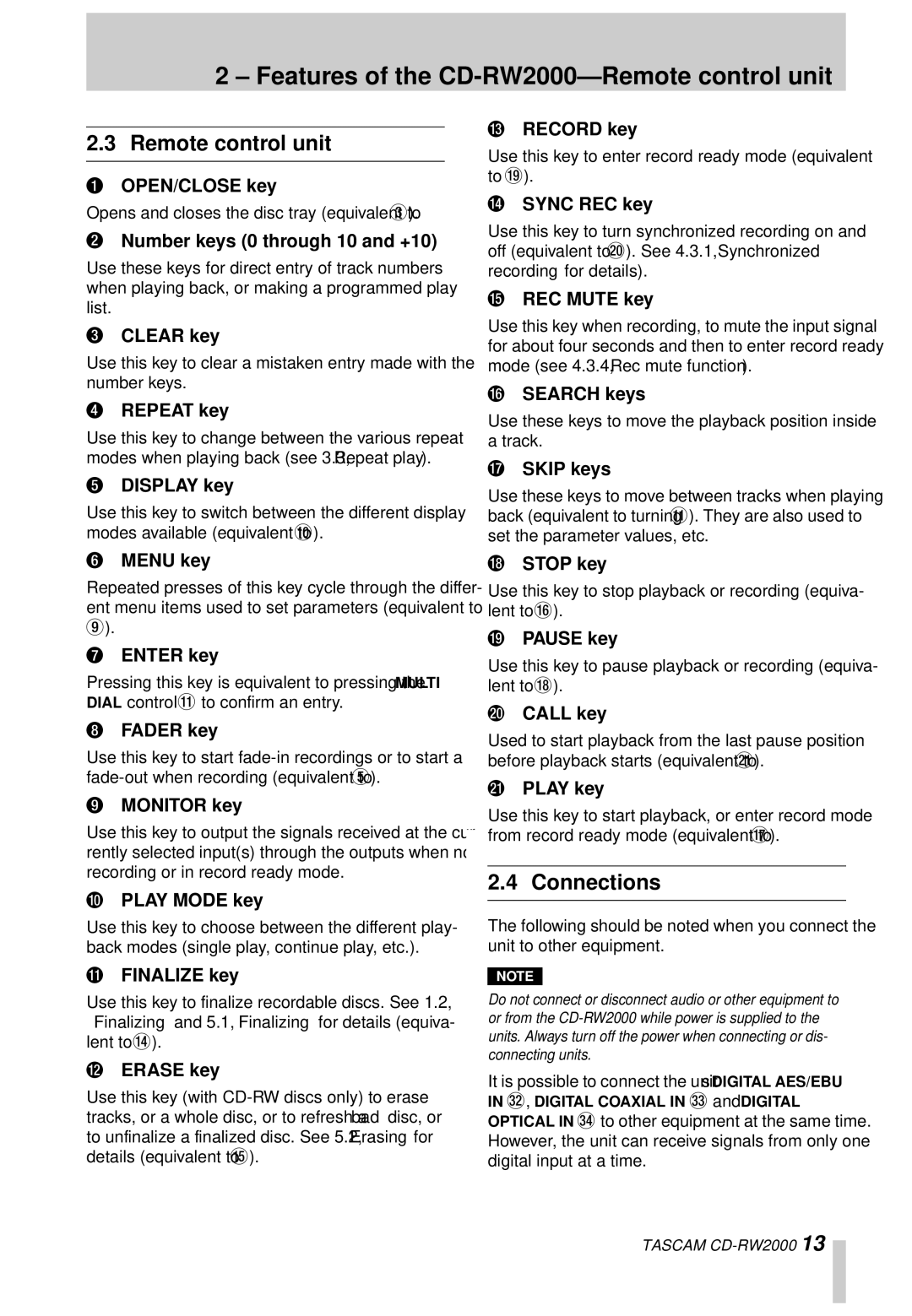 Tascam owner manual Features of the CD-RW2000-Remote control unit, Connections 