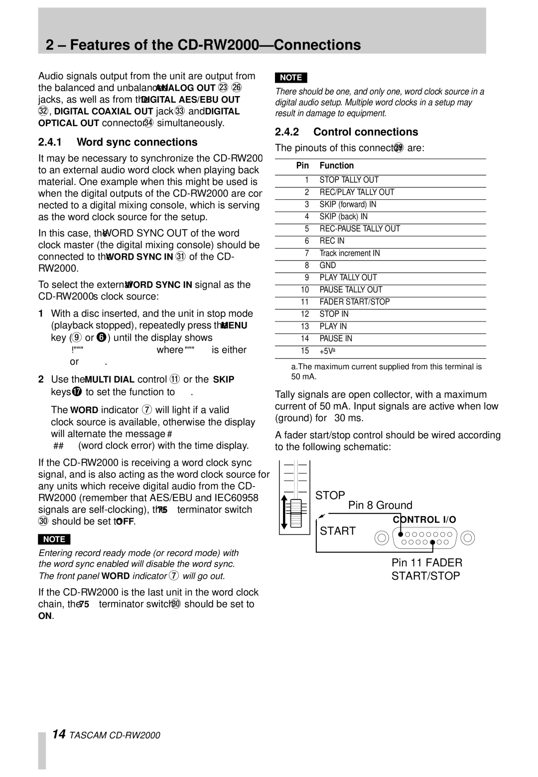 Tascam owner manual Features of the CD-RW2000-Connections, Word sync connections, Control connections, Pin Function 