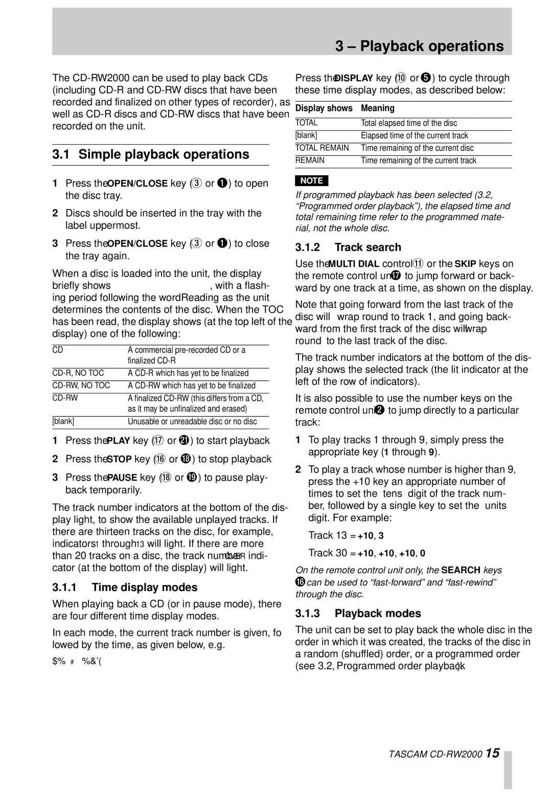 Tascam CD-RW2000 Playback operations, Simple playback operations, Time display modes, Track search, Playback modes 