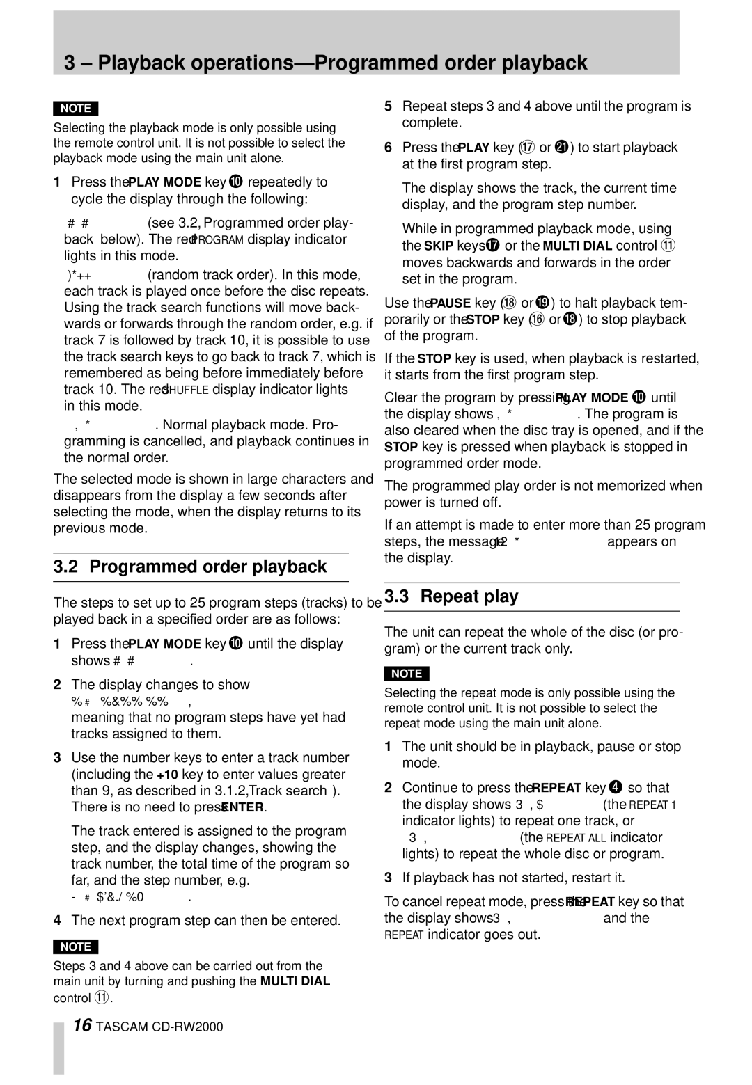 Tascam CD-RW2000 owner manual Playback operations-Programmed order playback, Repeat play 