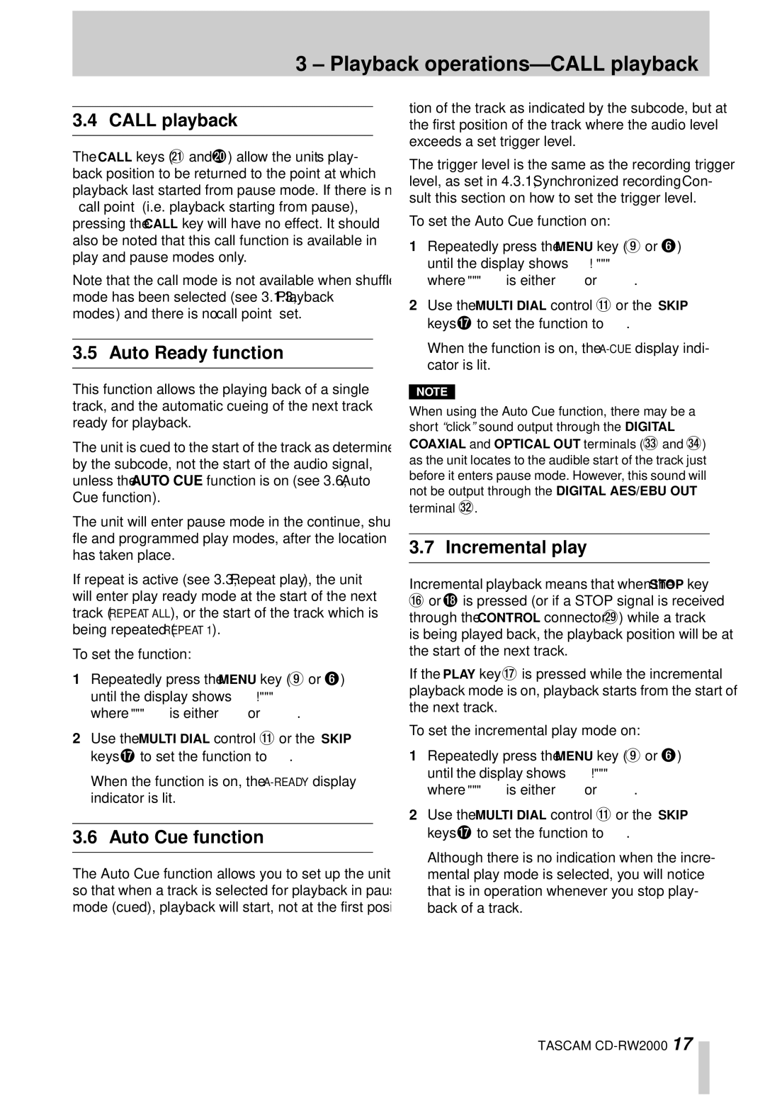 Tascam CD-RW2000 owner manual Playback operations-CALL playback, Call playback, Auto Ready function, Auto Cue function 