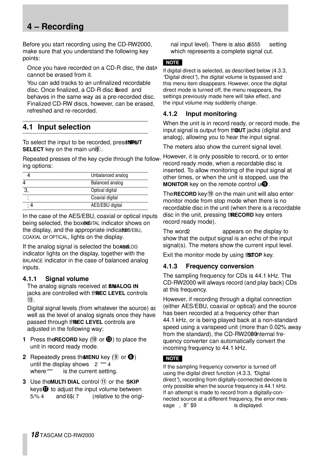 Tascam CD-RW2000 owner manual Recording, Input selection, Signal volume, Input monitoring, Frequency conversion 