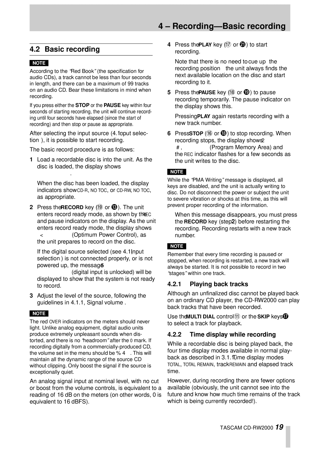 Tascam CD-RW2000 owner manual Recording-Basic recording, Playing back tracks, Time display while recording 