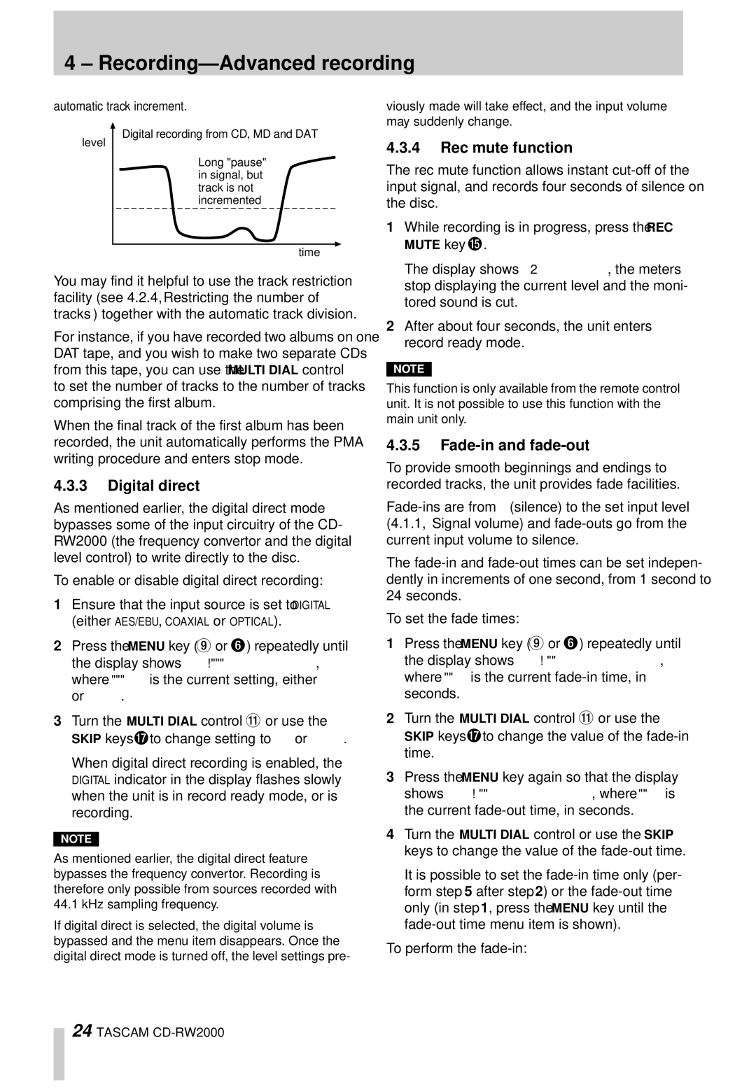 Tascam CD-RW2000 owner manual Rec mute function, Digital direct, Fade-in and fade-out 