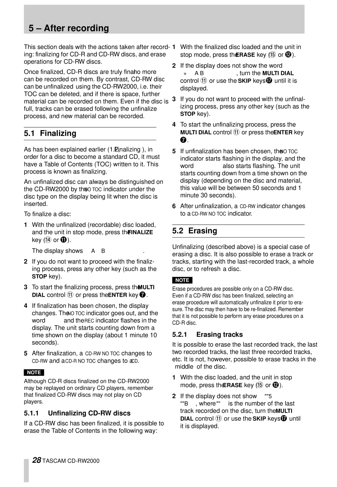 Tascam CD-RW2000 owner manual After recording, Unfinalizing CD-RW discs, Erasing tracks 