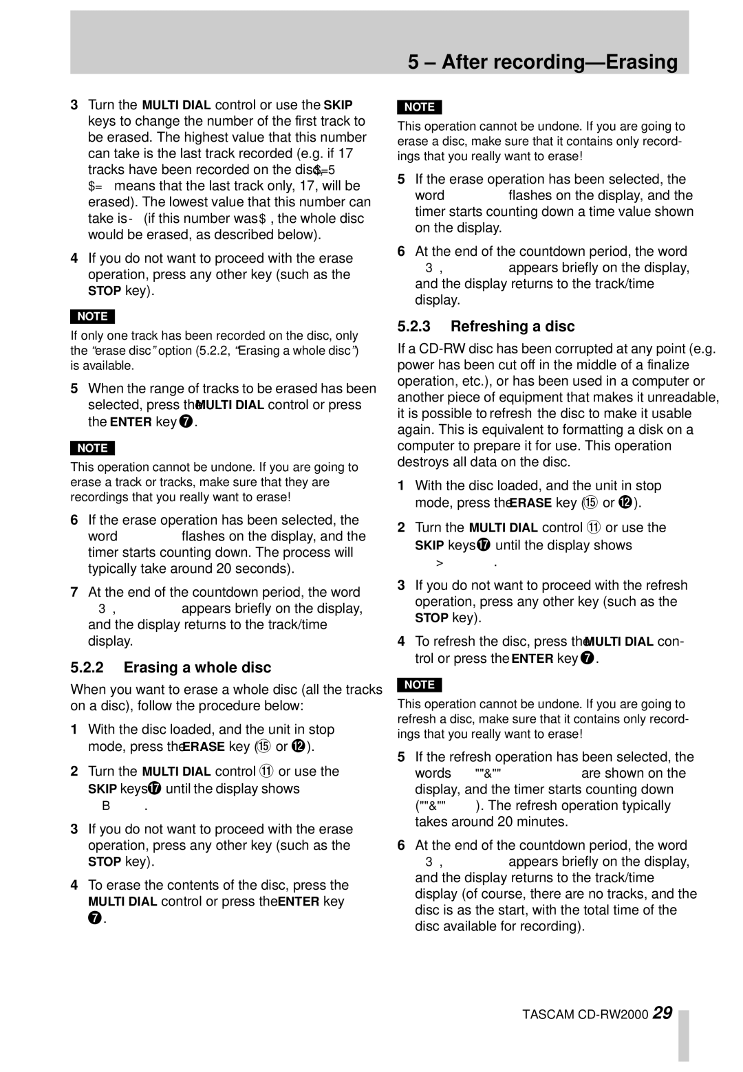 Tascam CD-RW2000 owner manual After recording-Erasing, Erasing a whole disc, Refreshing a disc 