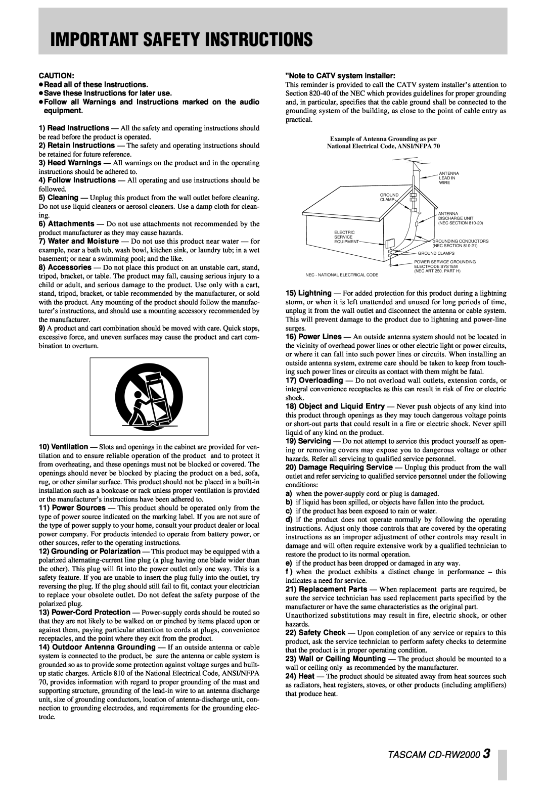 Tascam owner manual Important Safety Instructions, TASCAM CD-RW2000 