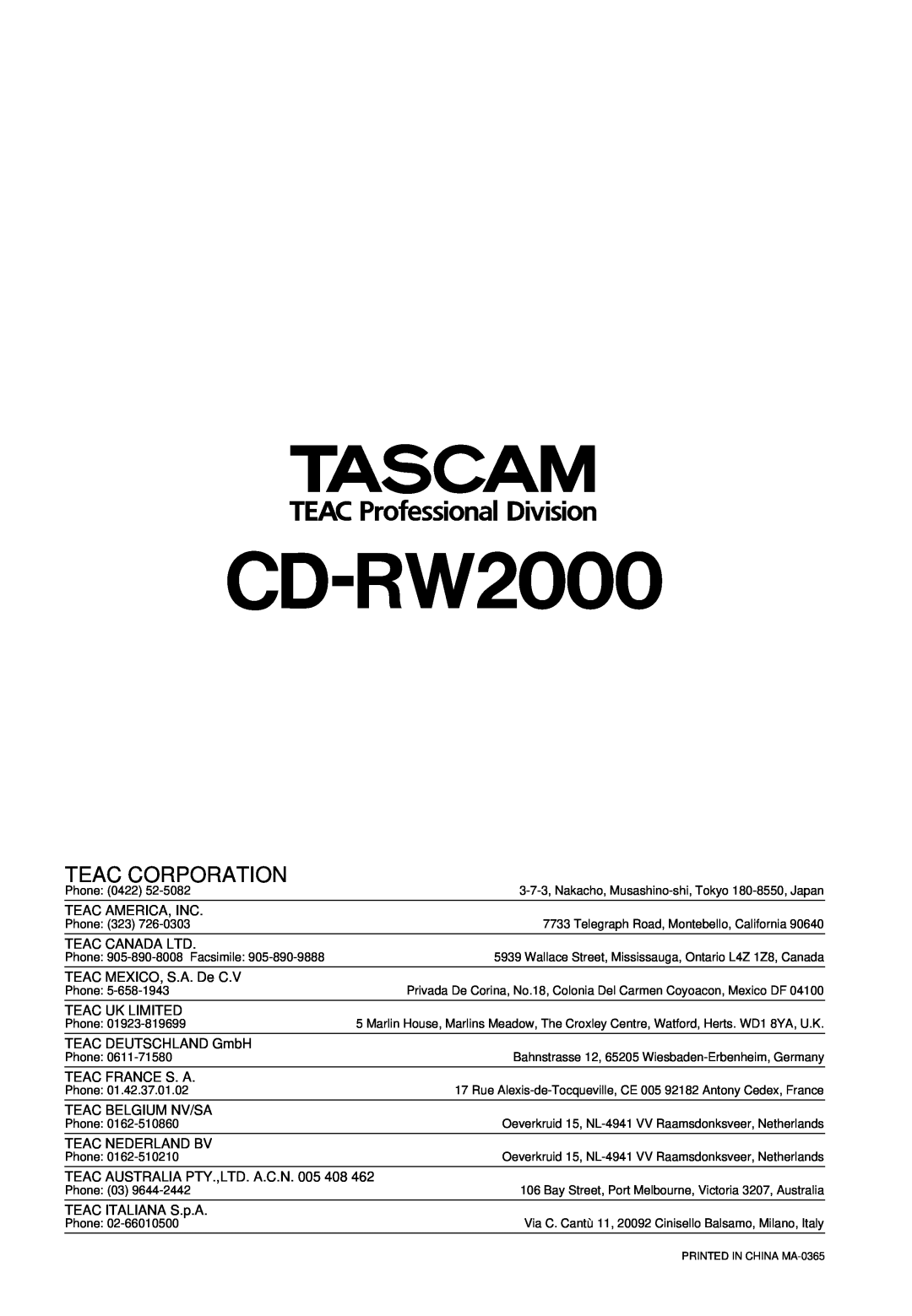 Tascam CD-RW2000 owner manual Teac Corporation 