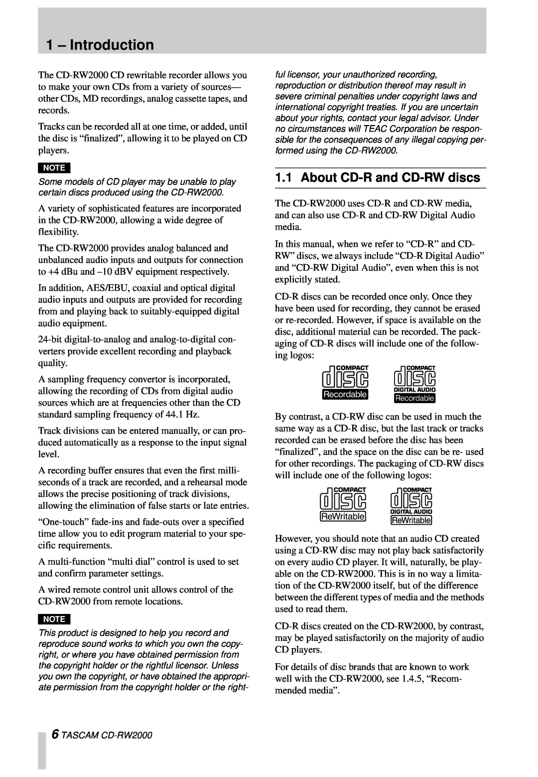 Tascam CD-RW2000 owner manual Introduction, About CD-Rand CD-RWdiscs 