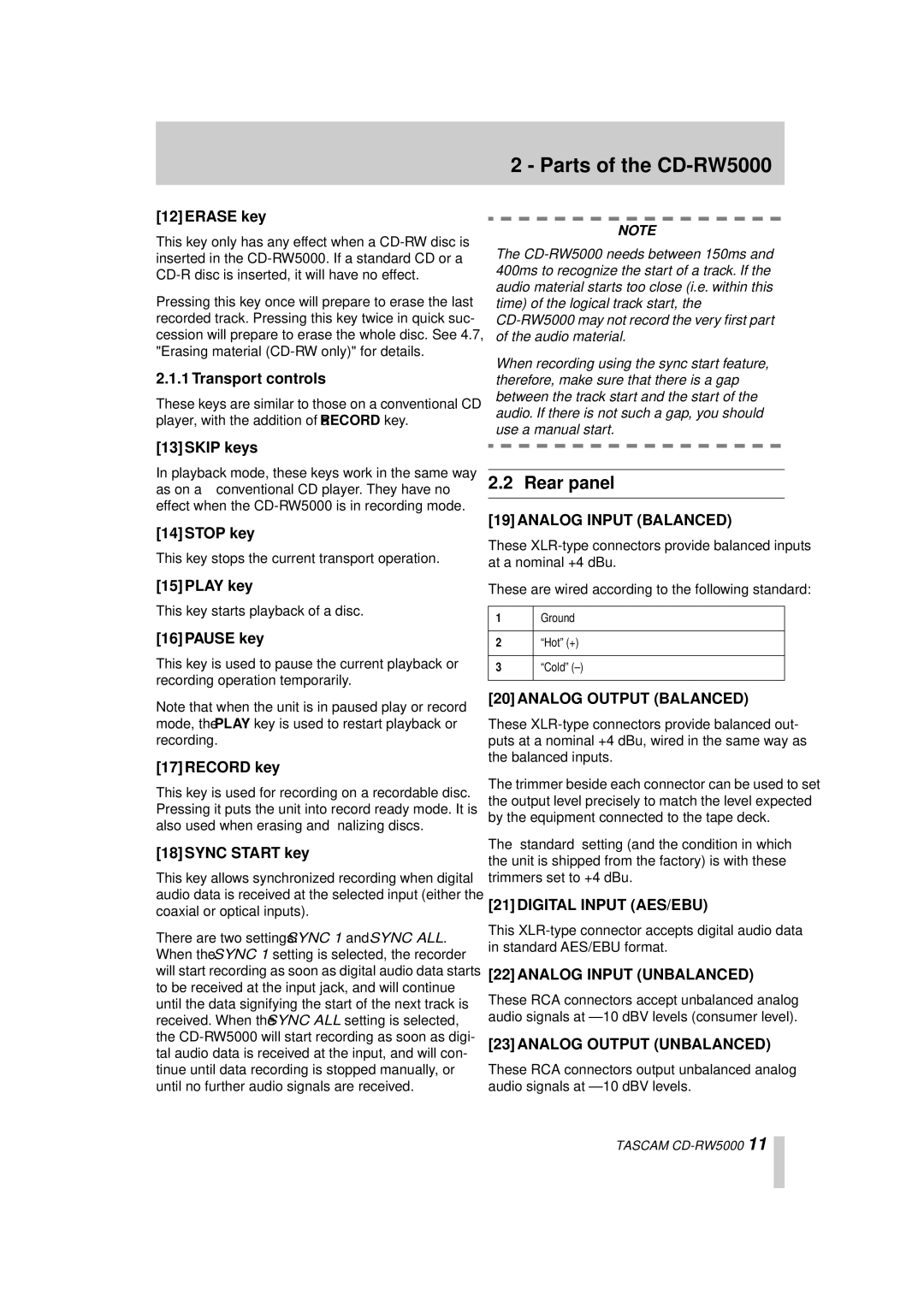 Tascam CD-RW5000 owner manual Rear panel 