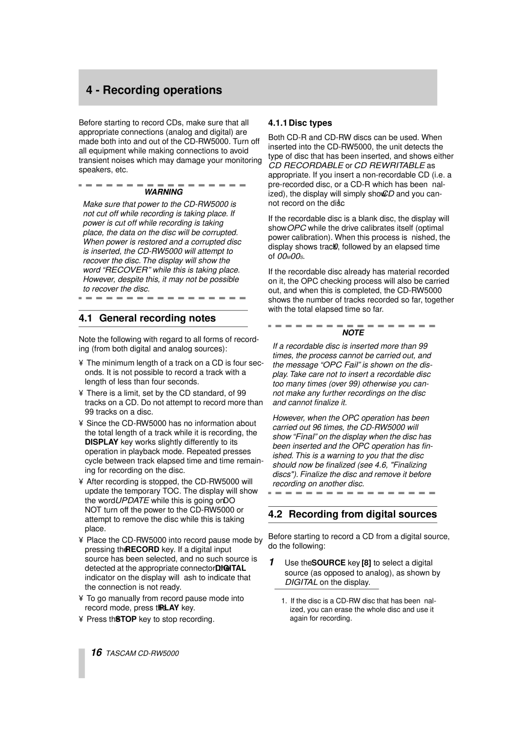 Tascam CD-RW5000 owner manual Recording operations, General recording notes, Recording from digital sources, Disc types 