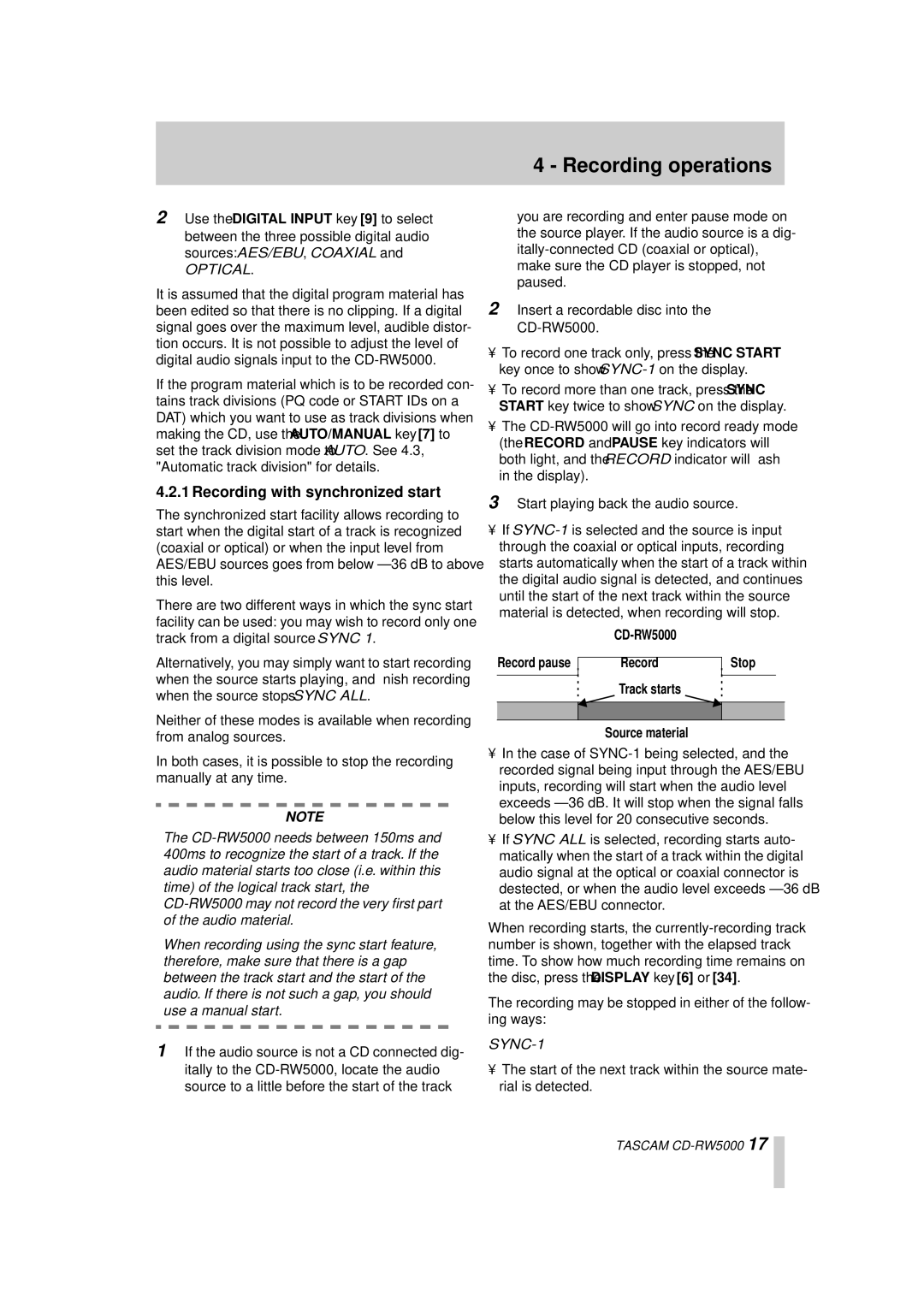 Tascam CD-RW5000 owner manual Recording with synchronized start, Optical 