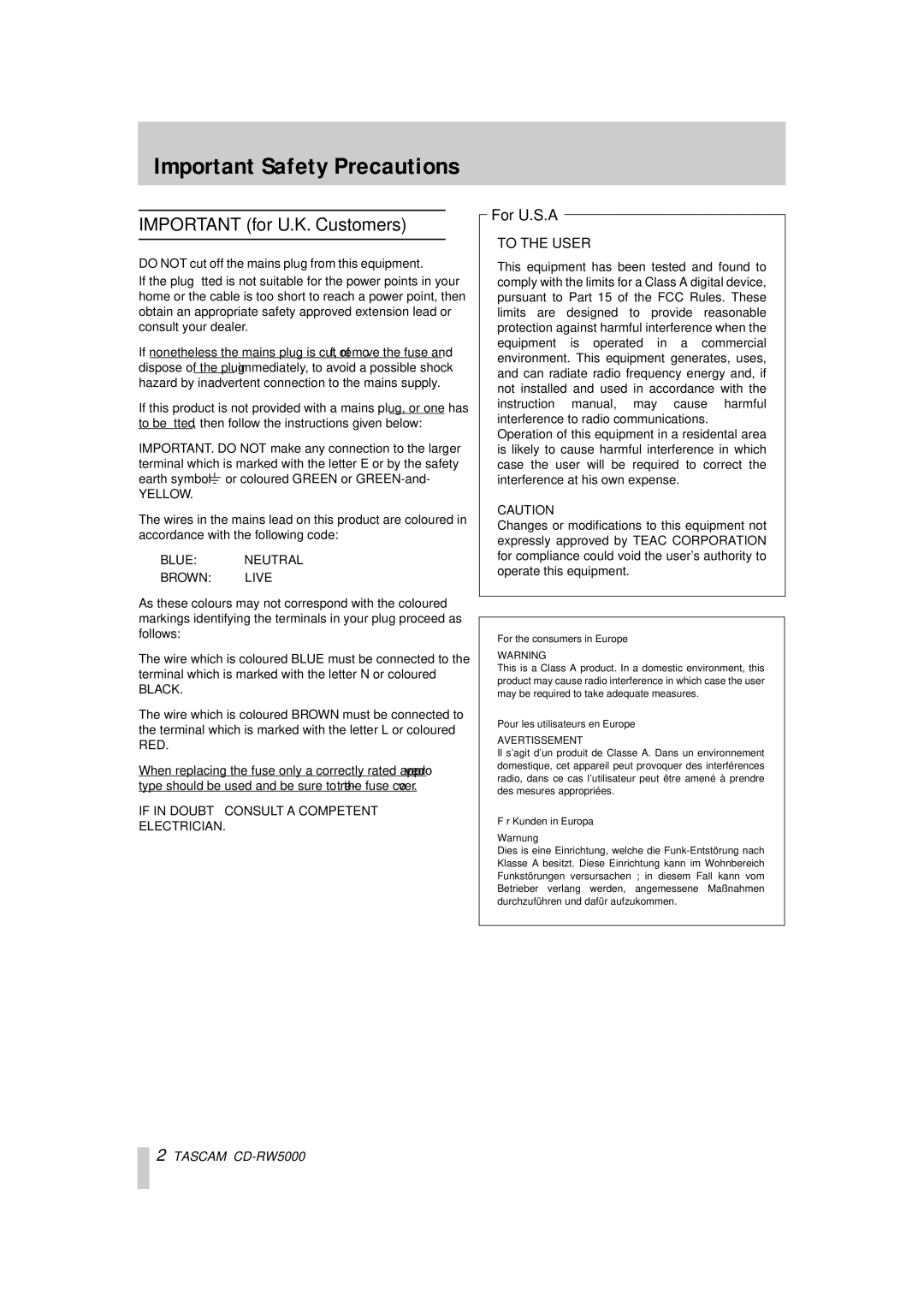 Tascam CD-RW5000 owner manual Important Safety Precautions, Important for U.K. Customers 