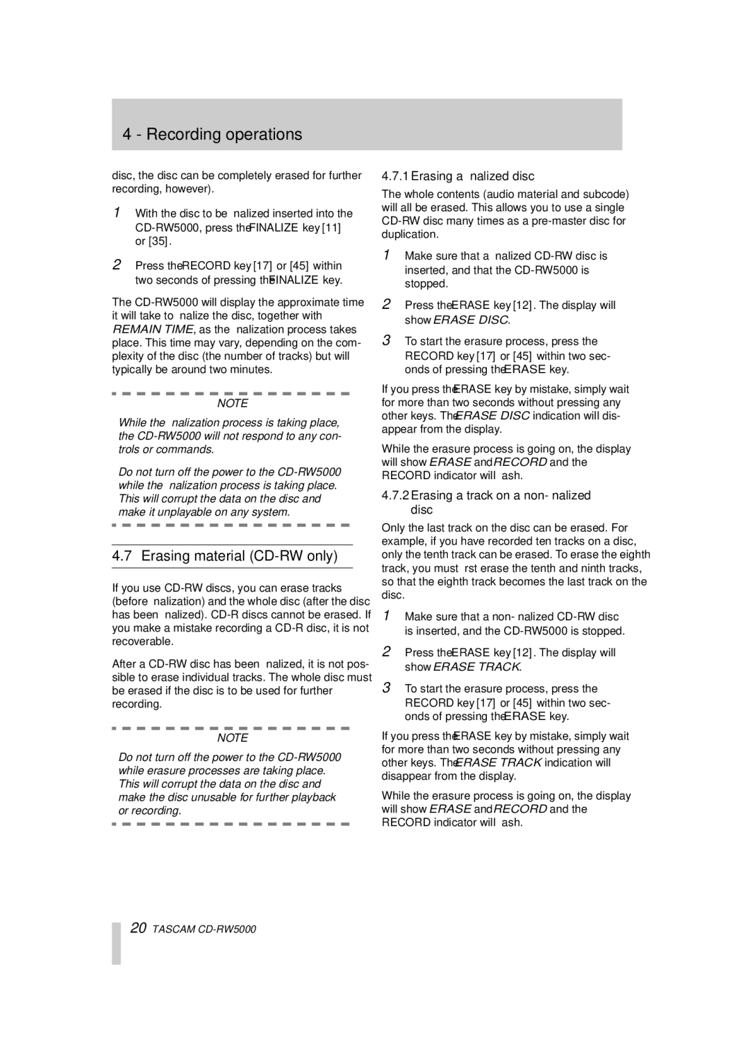 Tascam CD-RW5000 owner manual Erasing material CD-RW only, Erasing a ﬁnalized disc, Erasing a track on a non-ﬁnalized disc 