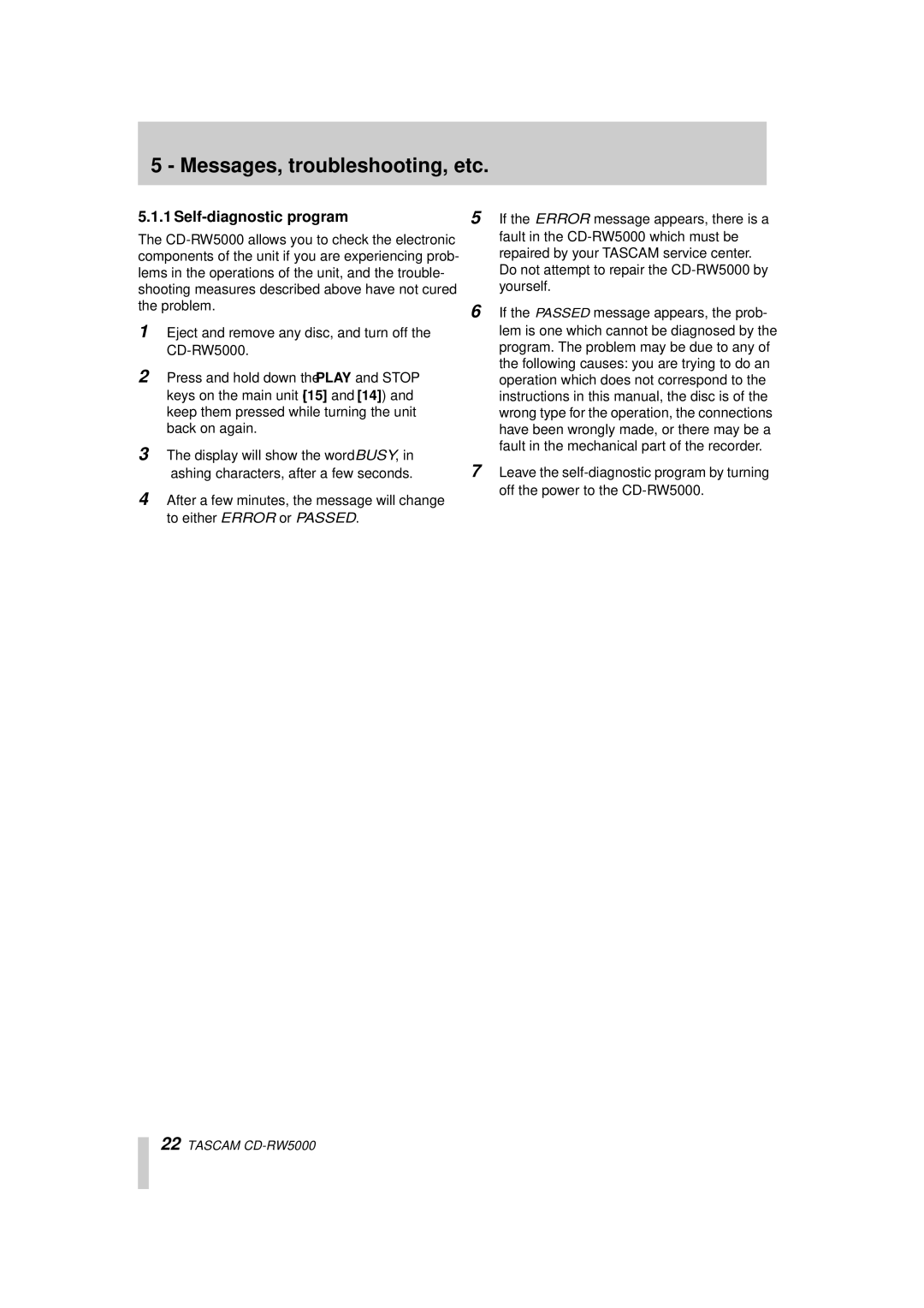 Tascam CD-RW5000 owner manual Self-diagnostic program 