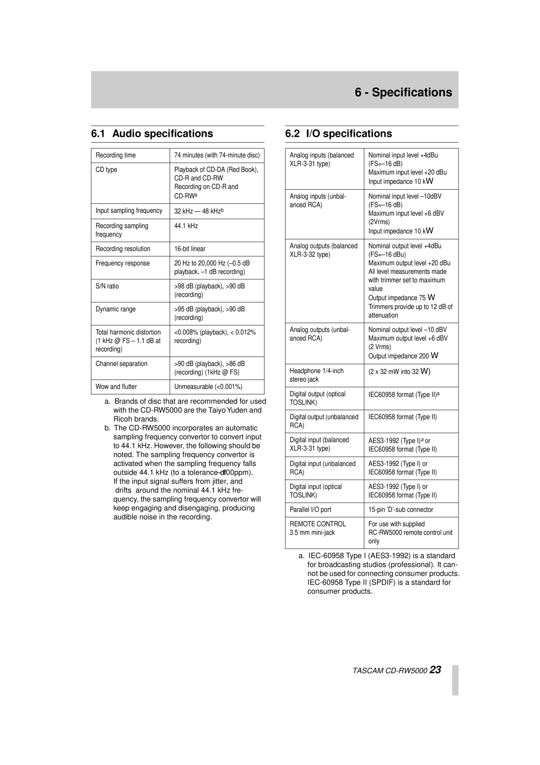 Tascam CD-RW5000 owner manual Specifications, Audio speciﬁcations, I/O speciﬁcations 