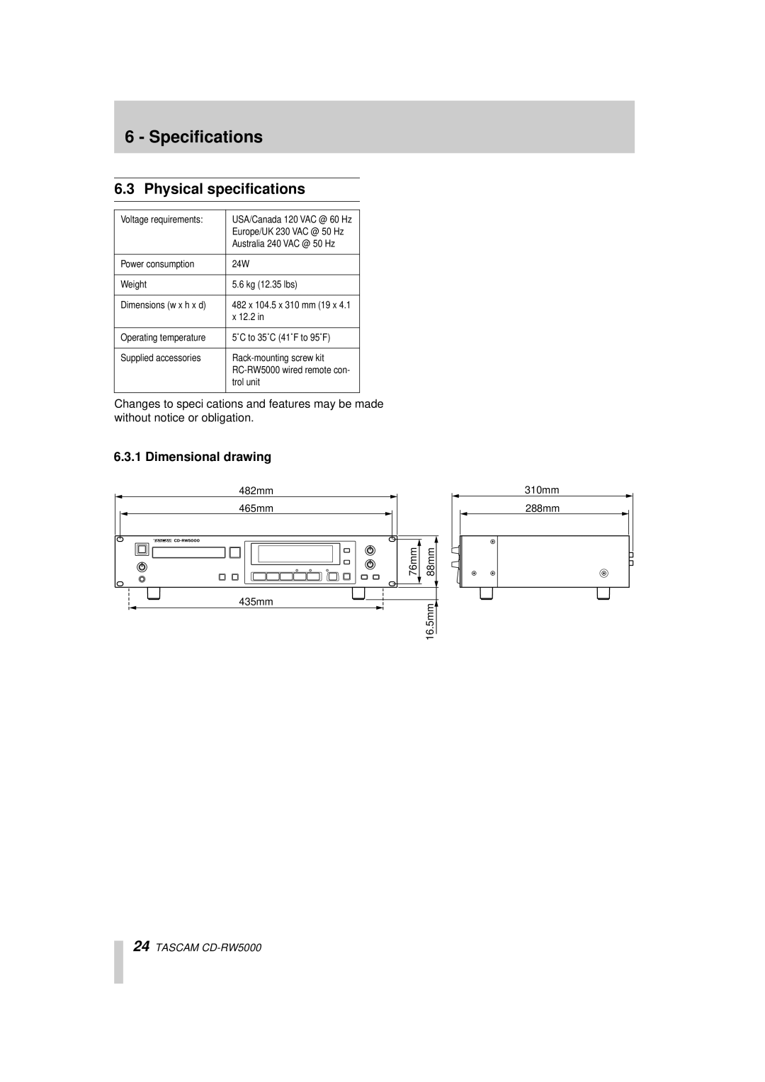 Tascam CD-RW5000 owner manual Physical speciﬁcations, Dimensional drawing 