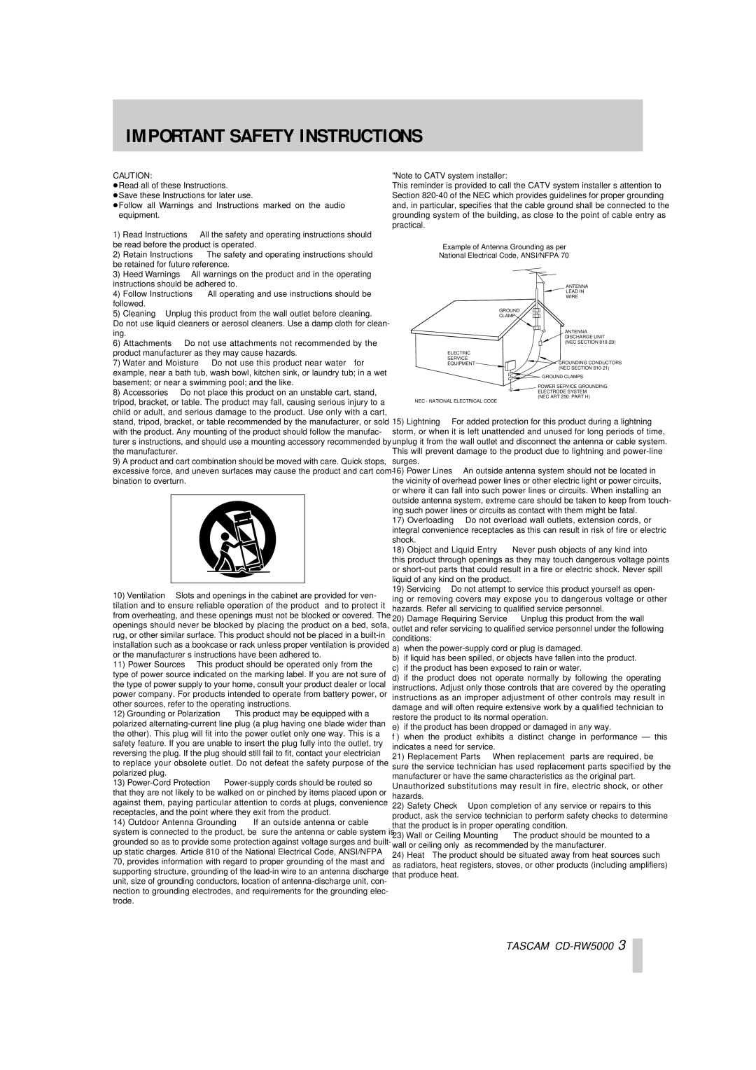 Tascam CD-RW5000 owner manual Important Safety Instructions 