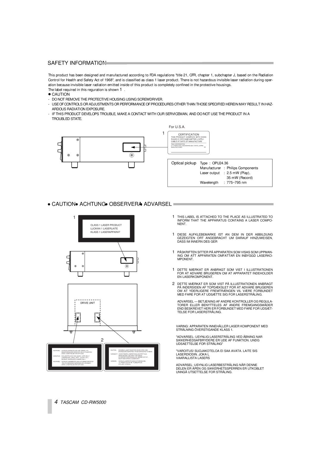 Tascam CD-RW5000 owner manual Safety Information 