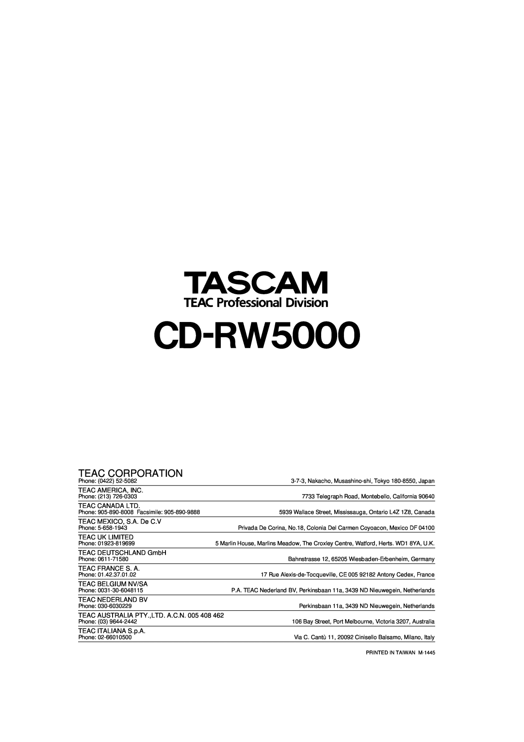 Tascam CD-RW5000 owner manual Teac Corporation 