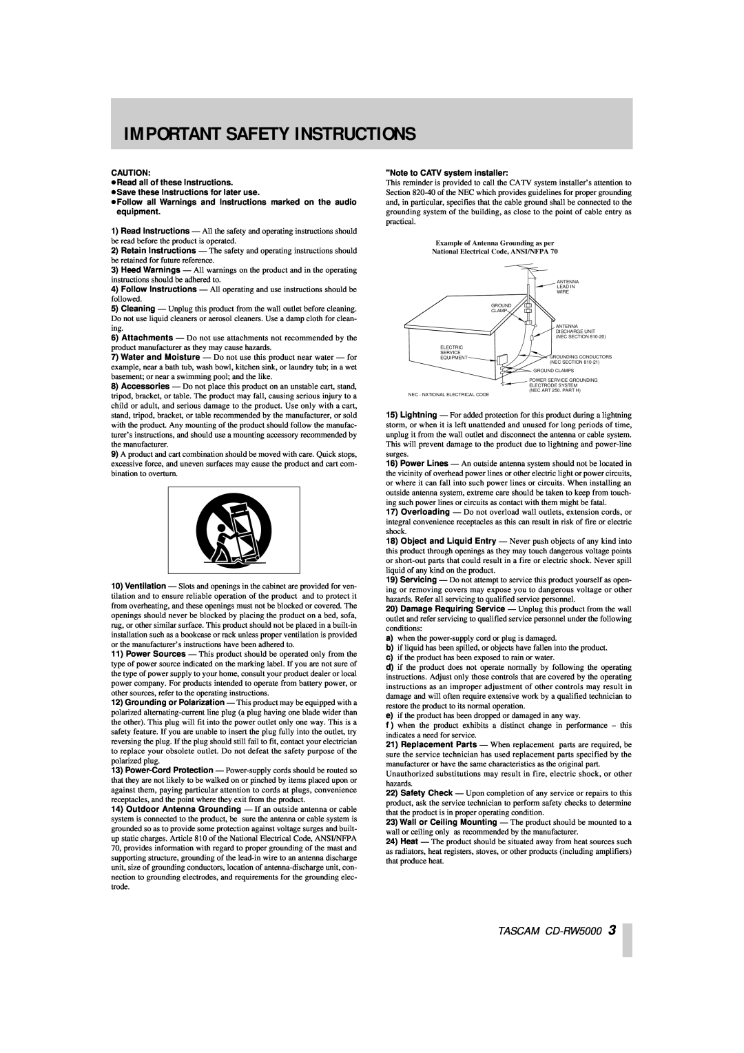 Tascam Important Safety Instructions, TASCAM CD-RW5000, ÉRead all of these Instructions, Note to CATV system installer 