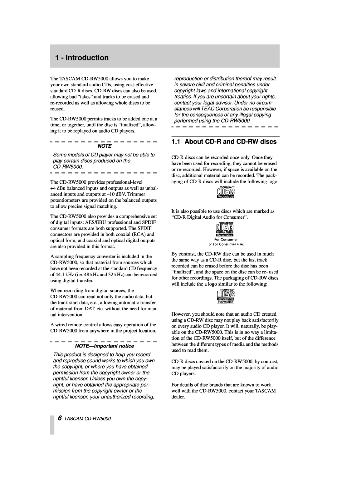 Tascam CD-RW5000 owner manual Introduction, About CD-Rand CD-RWdiscs, NOTE-Importantnotice 