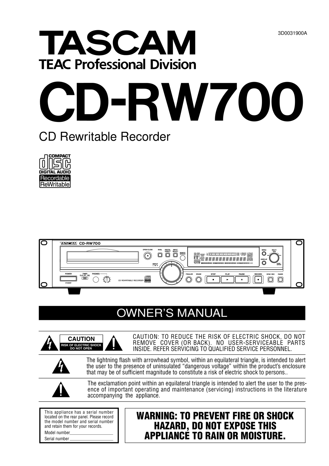 Tascam CD-RW700 owner manual 