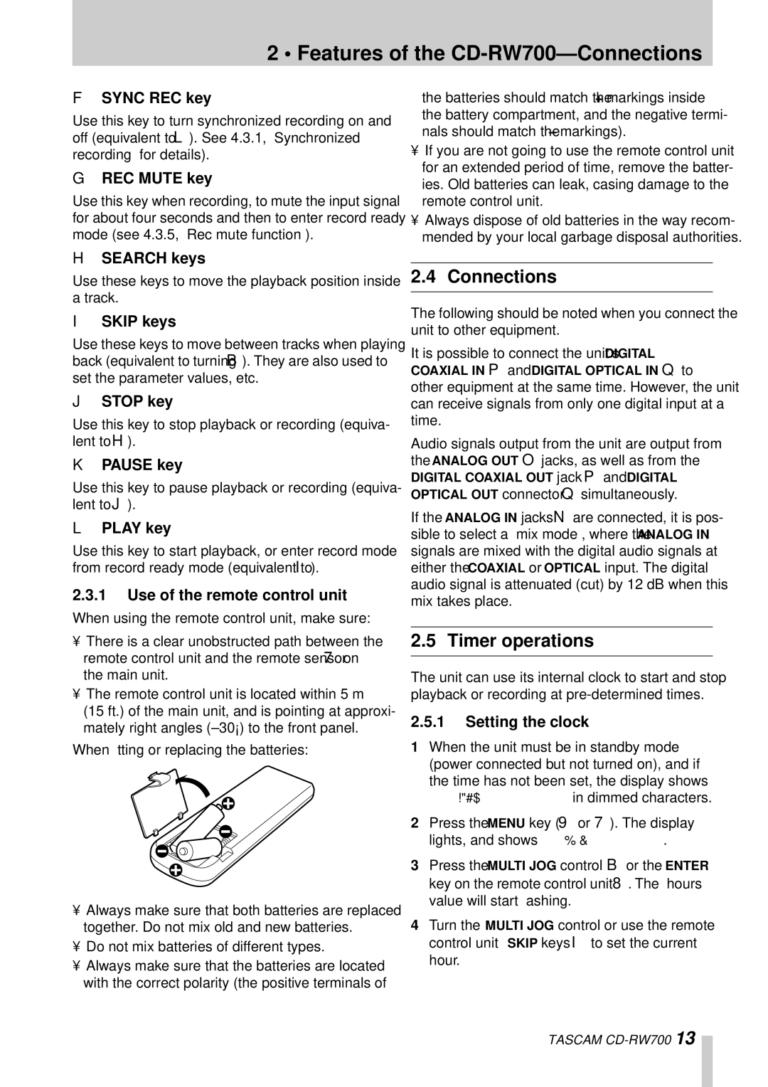 Tascam owner manual Features of the CD-RW700-Connections, Timer operations 