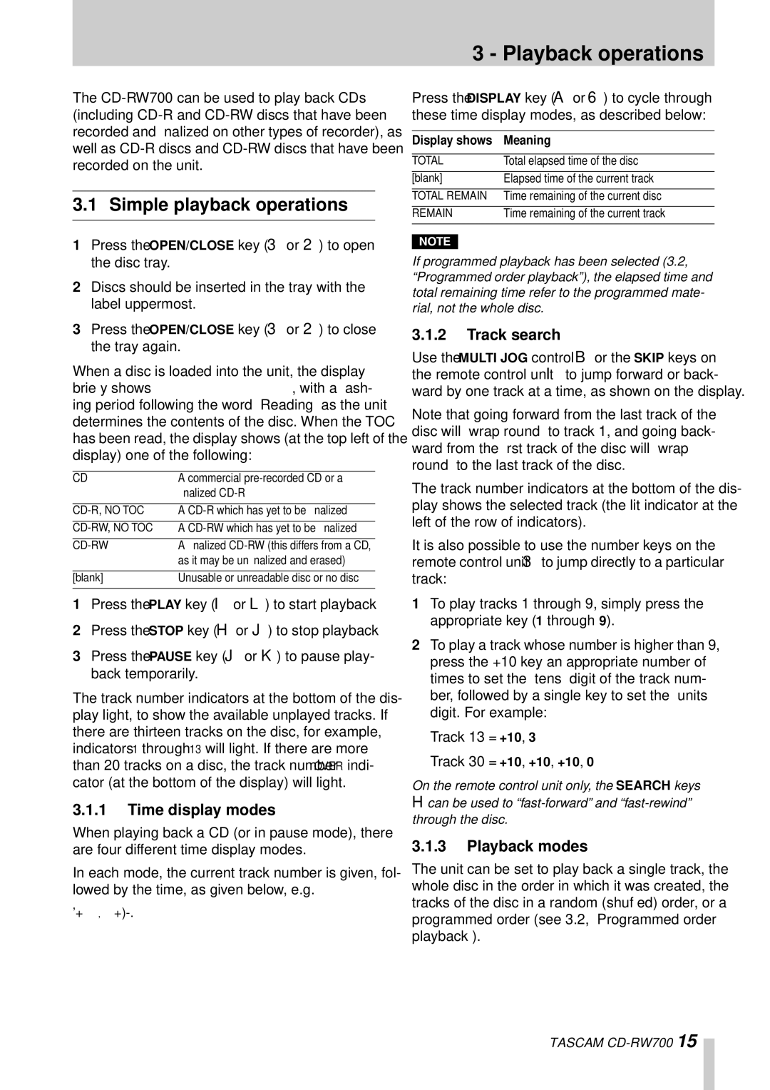 Tascam CD-RW700 Playback operations, Simple playback operations, Time display modes, Track search, Playback modes 