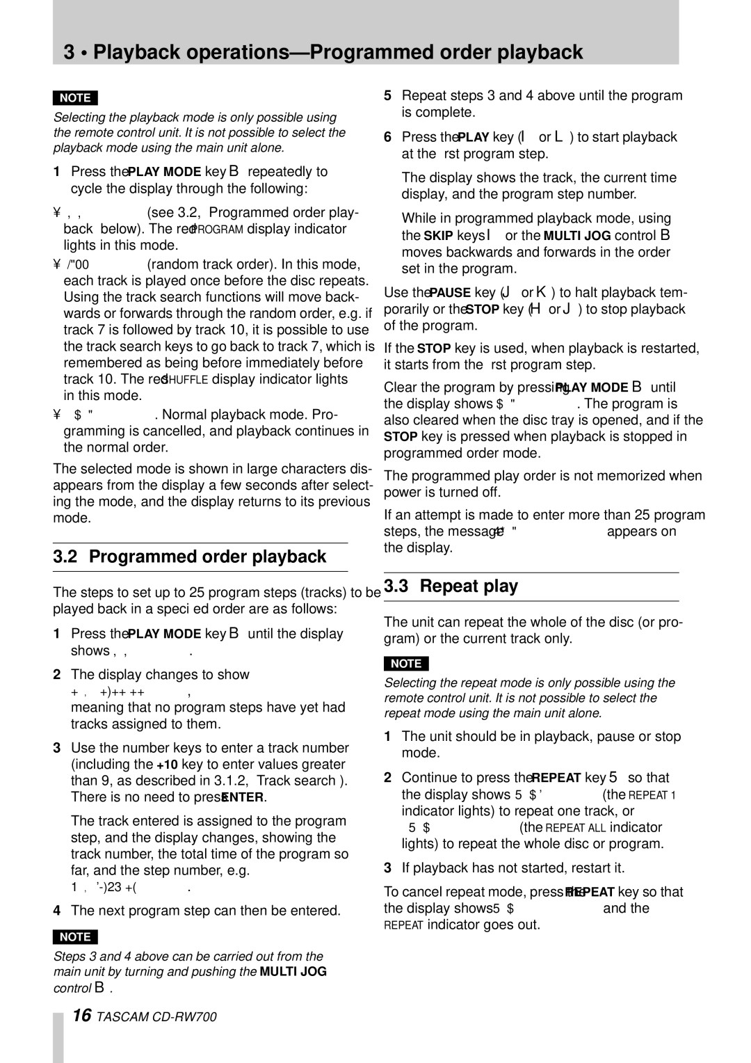 Tascam CD-RW700 owner manual Playback operations-Programmed order playback, Repeat play 