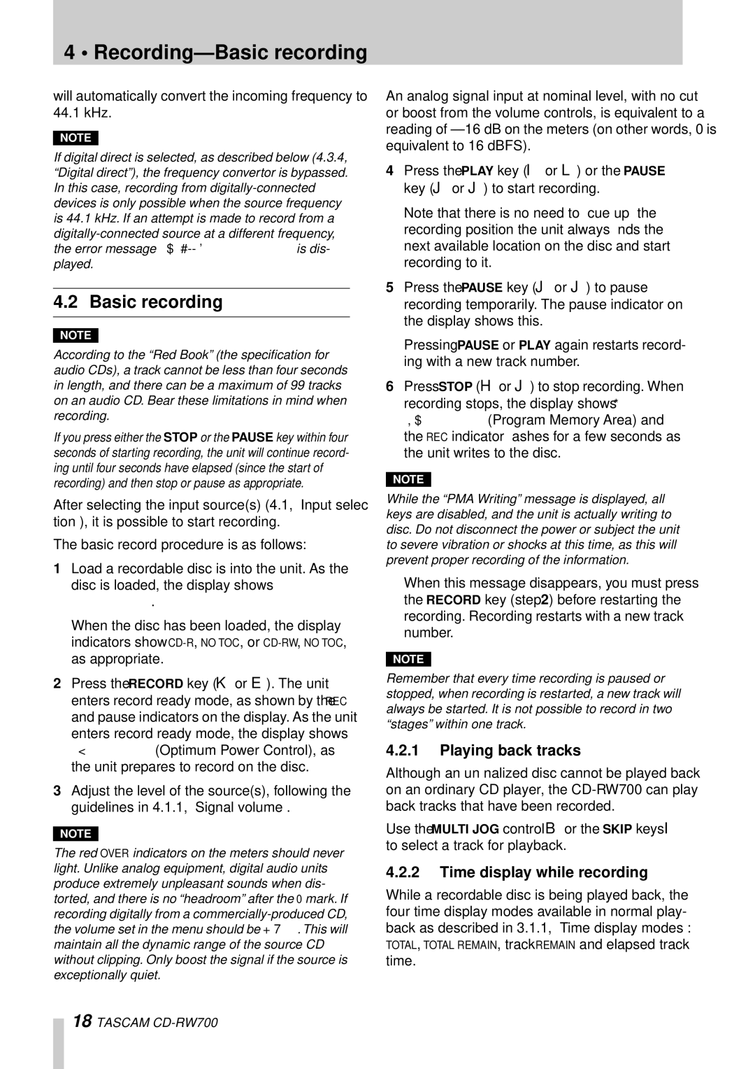 Tascam CD-RW700 owner manual Recording-Basic recording, Playing back tracks, Time display while recording 