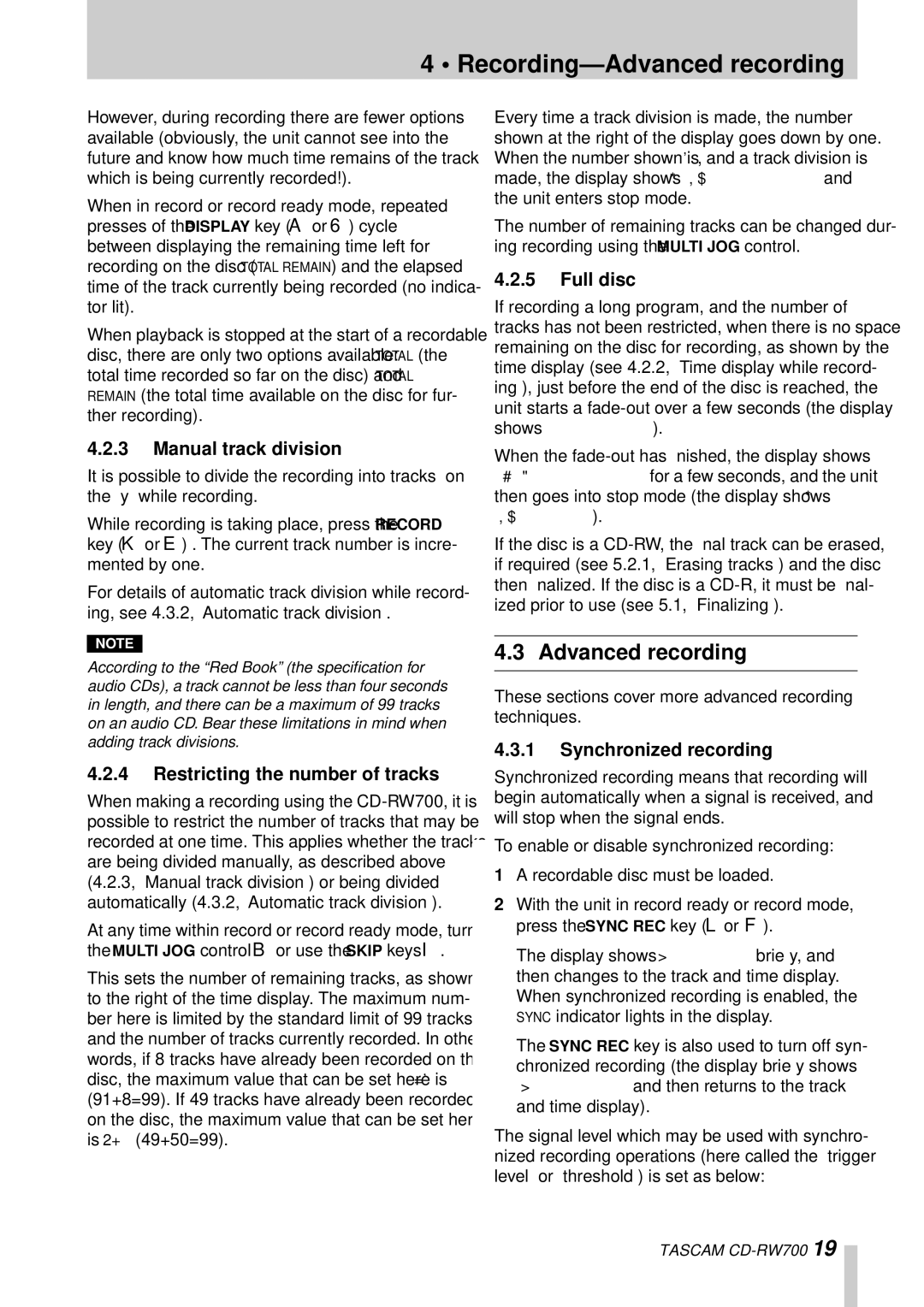 Tascam CD-RW700 owner manual Recording-Advanced recording 