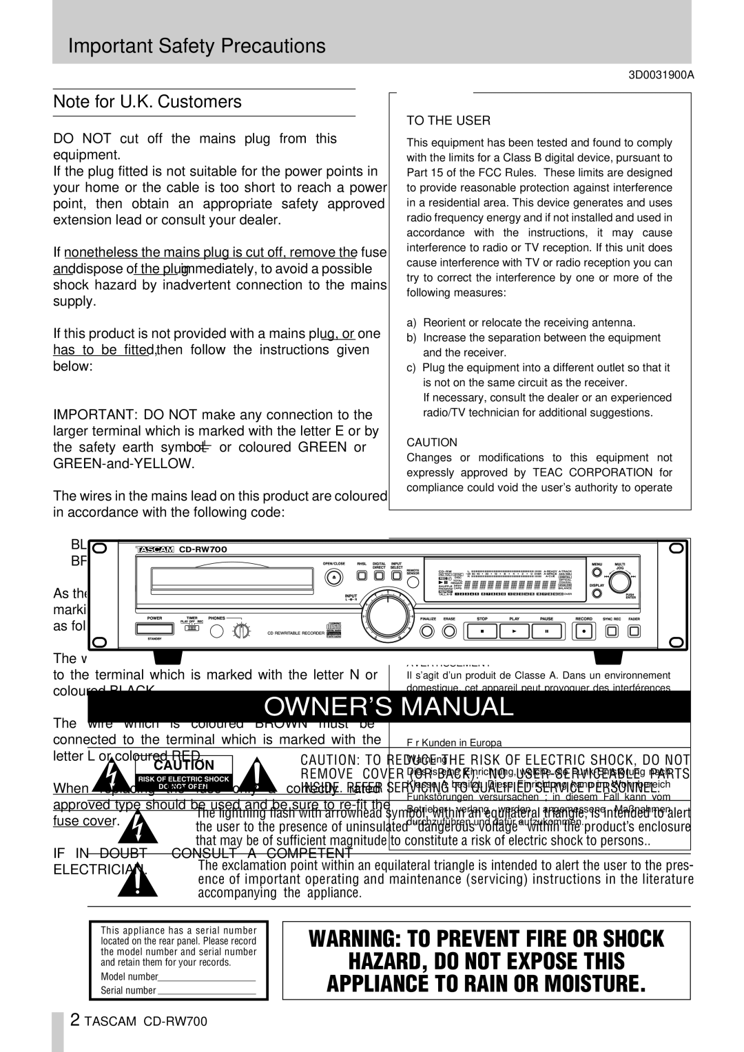 Tascam CD-RW700 owner manual Important Safety Precautions, Do not cut off the mains plug from this equipment 